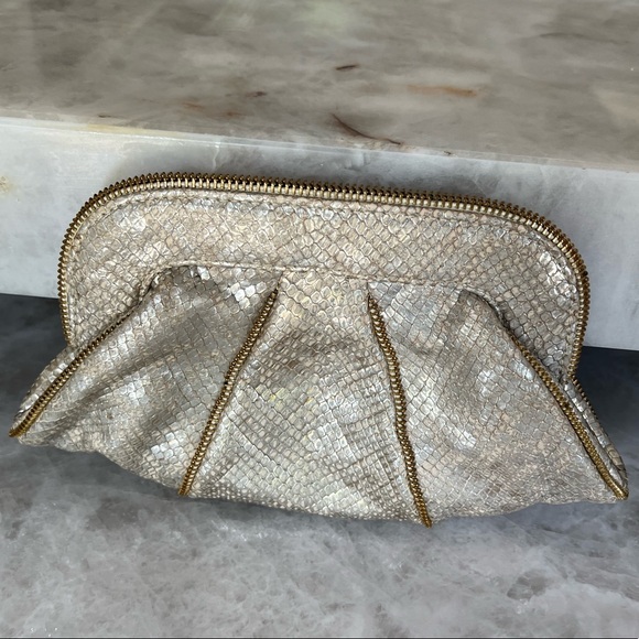 Vintage Lauren Merkin Gold/Silver Metallic Snakeskin Clutch - Picture 2 of 4
